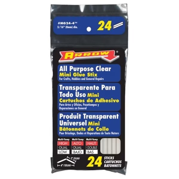 Mini Glue Gun Sticks, 4 in, All Purpose Clear, Arrow Series, 24 Per Pack, Lighthouse, Mfr#: LI334788